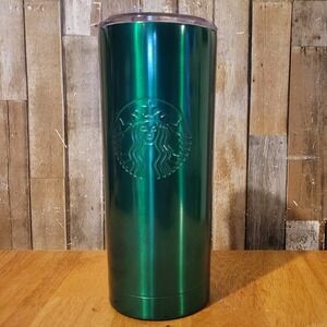 Starbucks 2022 Holiday Green Stainless Steel Metal Tumbler 20oz With Clear Lid